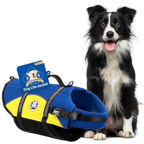Paws Aboard Dog Life Jacket - Swimming Vest for Dogs, Adjustable, Reflective, Comfortable, Multiple Colors, Patterns, XX-Small to Extra Large Dog Swim Vest with Handle...