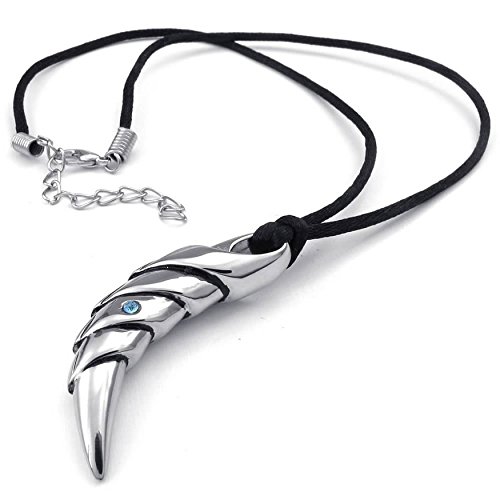 Collier loup homme pendentif dent acier inoxydable chaîne cordon noir bijoux argent