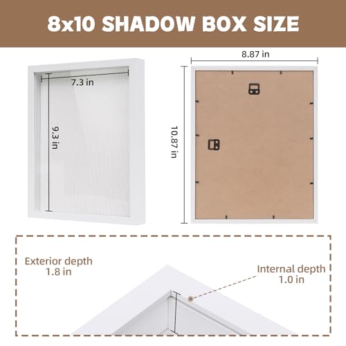 Muzilife Shadow Box Picture Frame with Linen Board Deep Wood Glass Display Case Ready to Hang Memory Box Baby Sports Memorabilia, Pins, Awards, Medals, Wedding, Tickets and Photos (White, 2pcs 8X10) - Thumbnail 2
