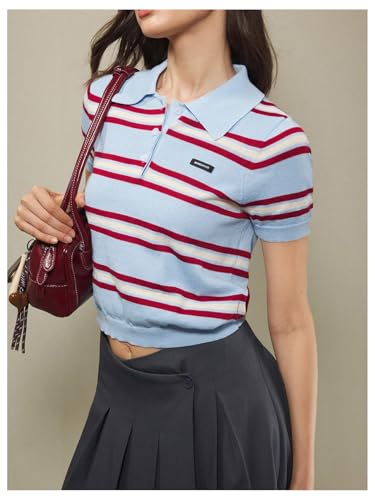 SweatyRocks Women's Summer Striped Sweaters Collar Button Short Sleeve Knit Tops3