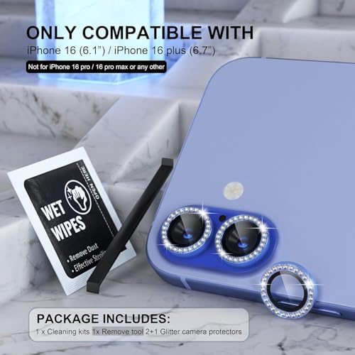 Image of Diamond Camera Lens Protector for iPhone 16 & iPhone 16 Plus Blue HD Clear 9H Hard Tempered Glass Camera Cover Waterproof Easy Install Full Camera Protection Anti Drop Case Friendly Luxury Shiny Diamond Design