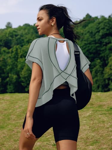 Image of SENSERISE Womens Open Back Workout Tops Backless Short Sleeve Athletic Shirt Running Crop Top Gym Yoga Tee