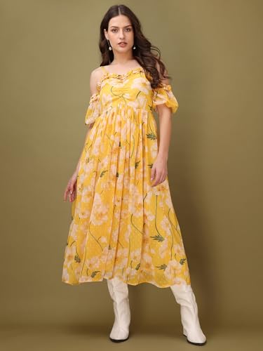 Image of PURVAJA Women's Sweetheart Neck Georgette Midi Dress (Floe-111-113)