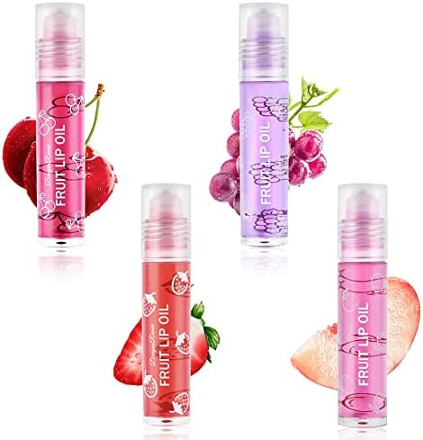AOOWU 4 Pcs Hydrating Lip Oil Set, Fruit-Flavored Plumping Lip Oil For Dry Lip, Long Lasting Lip Glow Balm Lip Care, Transparent Moisturizing No-Sticky Lip Gloss(Peaches, Strawberry, Grape, Cherry)