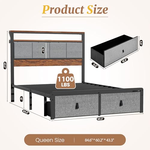 Luviyoo Upholstered Queen Bed Frame with 2-Tier Storage Headboard, Metal Platform Bed with Charging Station, Queen Size Bed Frame with 2 Under Bed Storage Drawers, No Box Spring Needed, Noise-Free — view 2
