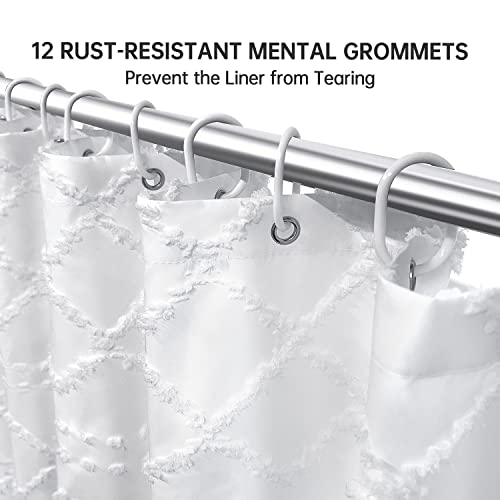 Extra Long White Textured Woven Fabric Boho Shower Curtain With Tassels 72 X 84 Modern Farmhouse Minimalist, Tufted Chevron Striped Shabby Chic, Water Resistant Cloth Curtain For Bathroom, Hotel Decor #TOP6