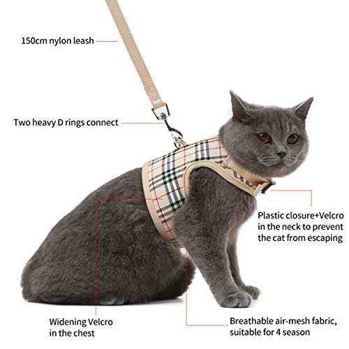 WZPB Cat Harness and Leash Set- Adjustable Soft Mesh Cat Harness for Walking Escape Proof (M, Beige)