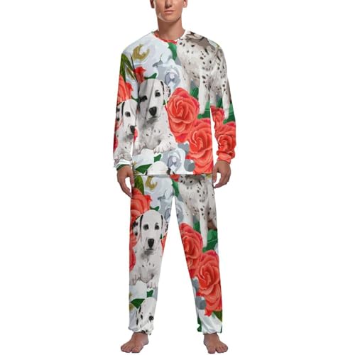 Pyjama homme de nuit ensemble pantalon haut manche longue imprimé chien rose