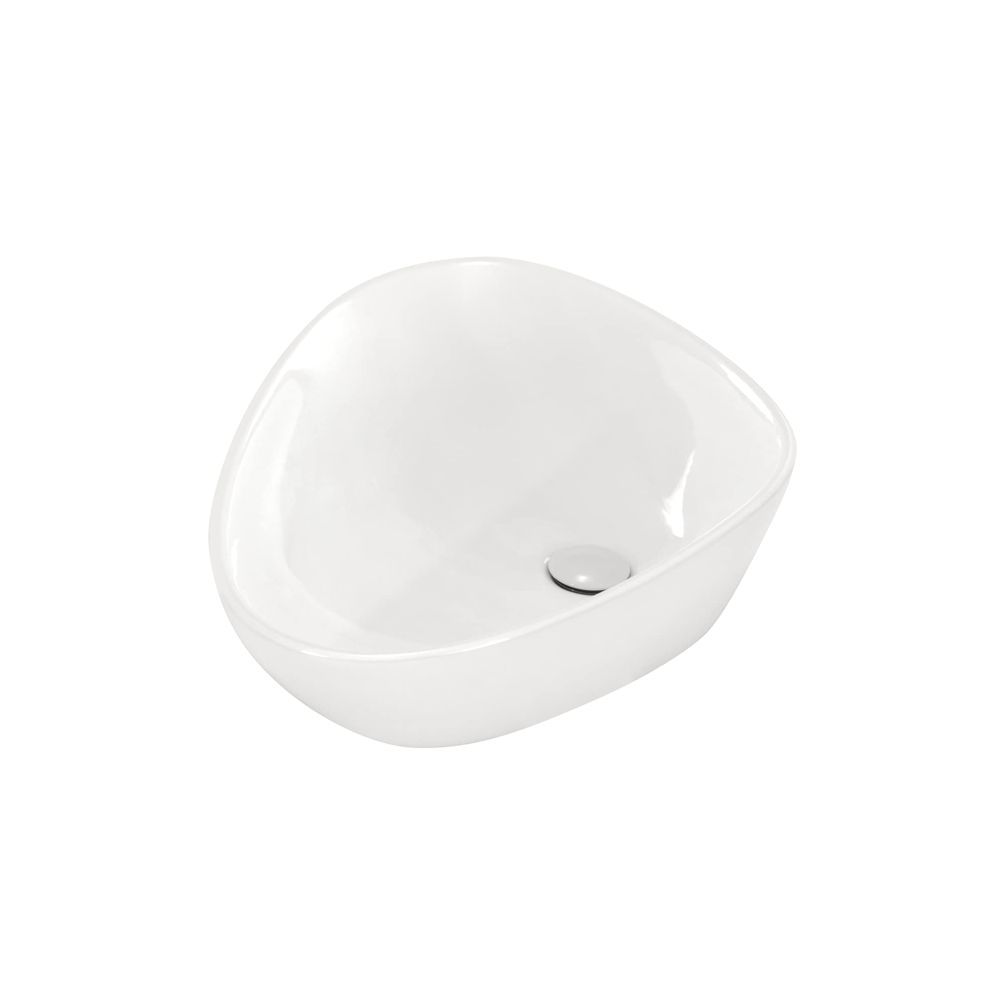 Lavabo sobre Encimera Triangular con Esquinas Redondeadas en Ceramica Brillante UNITI | 64x44x15 cm | Incluye Tapon "Pop Up" con Valvula de Desague Click Clack | Sin Taladro Grifo | Color Blanco