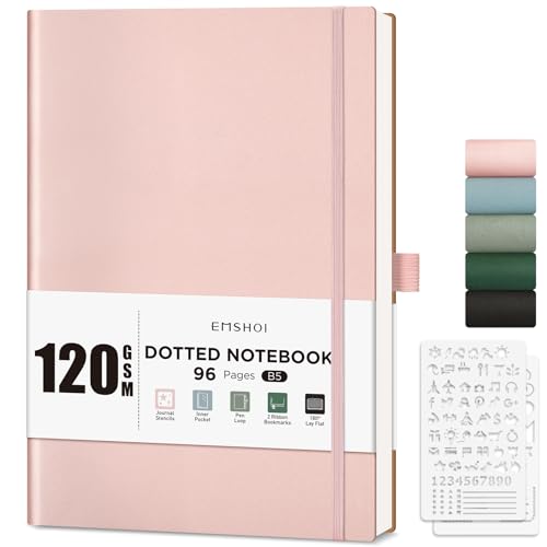 EMSHOI Cuaderno de puntos B5, papel grueso de 120 g/m², 19,5 x 25,5 cm, cuadrícula de puntos grande para diario con 96 páginas, cuero de tapa blanda, plantillas de diario, bolsillo interior, oro rosa