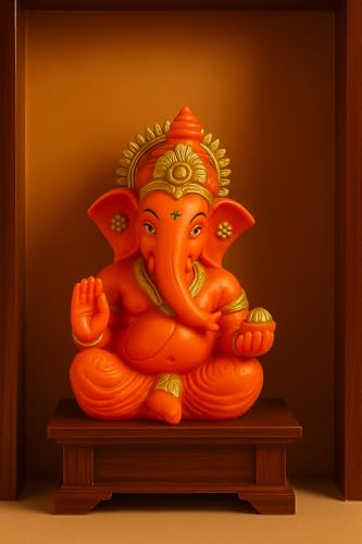 Image of ZYROO Lord Ganesha Idol for Home Temple | 10 cm Ganpati Murti for Pooja, Office Desk & Car Dashboard | Polyresin Ganesh Statue for Vastu, Meditation & Gift Decorative Statue, Orange and Gold