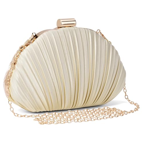Image of RNIEGA Pleated Satin Seashell Evening Clutch Purse for Women Elegant Clutch Handbag Shoulder Bag with Chain for Wedding
