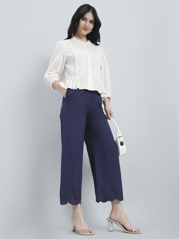Image of GO COLORS Women's Cotton Hakoba Palazzo | Ankle Length, Schiffli Embroidery, Relaxed Fit, Mid-Rise with Side Pocket