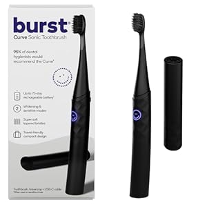 Burst Curve Sonic Electric Toothbrush for Adults – Slim, Curved Travel Toothbrush with Toothbrush Cover – Ultra Soft Bristles – Up to 2 Month Rechargeable Battery, 2 Sonic Modes, Timer – Black