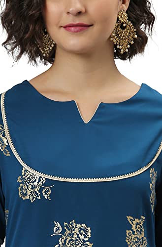 Image of Janasya Women's Teal Gold Printed Poly Crepe Kurta