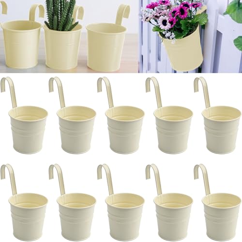Roellgs Lot de 10 pots ronds en métal à suspendre, 10,2 cm, crochets amovibles, trous de drainage, petits pots pour balustrade, clôture, balcon, jardin,...