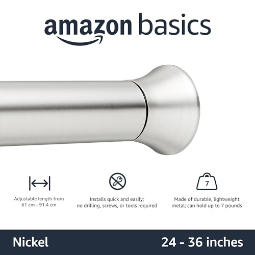 Image of Amazon Basics Easy to Install Spring Tension Curtain Rod, No Drill, Adjustable 24-36 inch Width, Nickel, Classic Finial, 7 Pound Weight Capacity