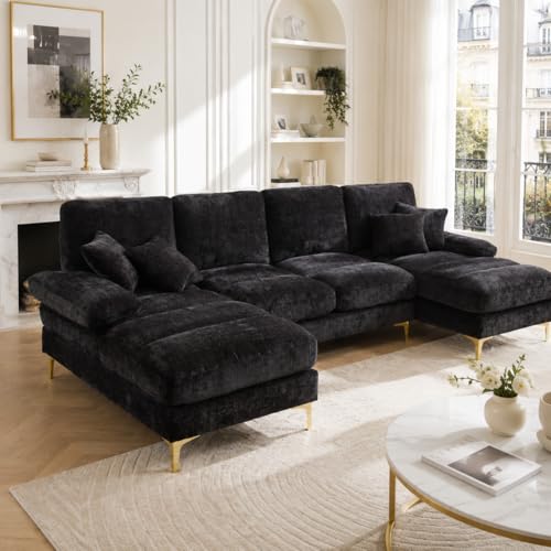 Sapgaks Grand canapé d'angle Moderne en U,avec Fauteuil inclinable Double,canapé 4 Places en Chenille,Canapé de Salon (Noir)