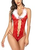 Avidlove Women Christmas Lingerie Halter Lace Babydoll Sexy Santa Teddy Red M