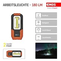 EMOS - COB LED Arbeitsleuchte - Magnetfuß, Haken, verstellbarer Griff - max. 180lm, max. 45m - 24 Stunden - stoßbeständiger ABS-Kunststoff - AAA-Batterien - für Werkstatt/Haushalt - schwarz-orange – Ansicht 2