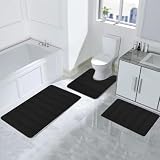 IKASEFU 3 Piece Bath Mats for Bathroom, Memory Foam Bath Mat Set, Non-Slip Bath Mat,Bathroom Rugs,U-Shaped Toilet Rug,Soft Comfortable,Water Absorption,Thick,Machine Washable,Easier to Dry (Black)