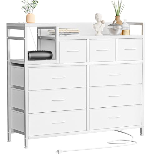 Image of GAOMON Dresser TV Stand with Power Outlet, Bedroom Dresser with 9 Drawers, Chest of Drawers for Living Room, Hallway(White)