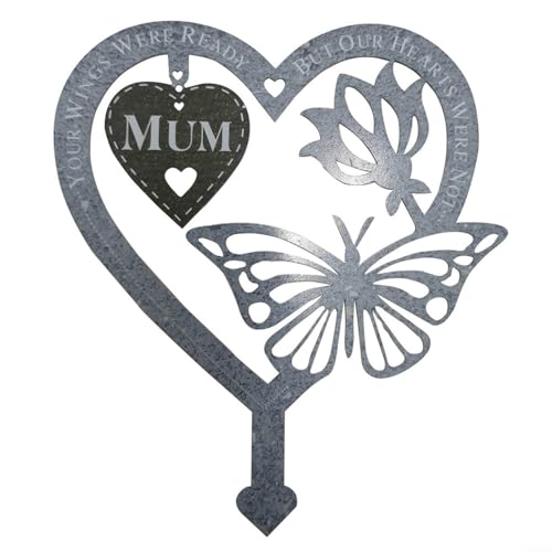 Decorazione commemorativa da giardino a forma di cuore con farfalle floreali per mamma, papà, marito (MUM)