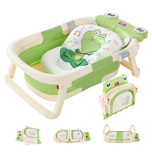 Image of Lucakuins Foldable Baby Bathtub with Cushion & Water Thermometer and Drain Hole, Portable Durable Foldable Baby Bath Tub for Newborn Infants 0-36 Months (Green)
