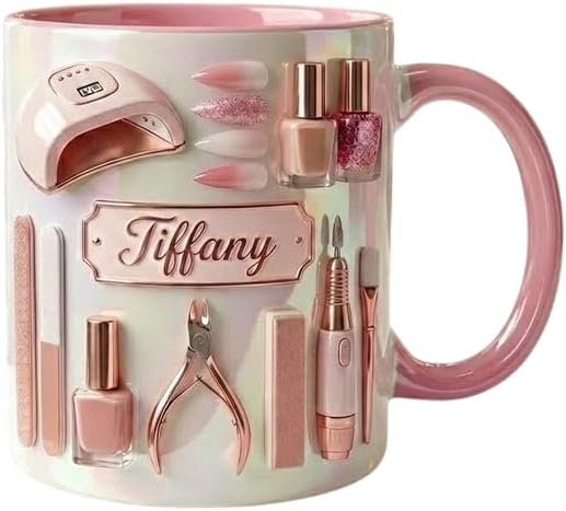 Personalized Nail Tech 3D Inflated Effect Mug With Custom Name, Pink Manicure Tools Coffee Cup for Nail Artists, Manicurists, Beauty Professionals, Gift for Nail Lovers, Women Mon Birthday Present 3