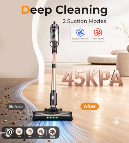 Image of DEVOAC V15 Cordless Vacuum Cleaner, 45Kpa Suction & Brushless Motor Stick Vacuum, Rechargeable Battery with 45mins Runtime, LED Display, 6 in 1 Handheld Vacuum for Home Hard Floor Carpet Pet Hair