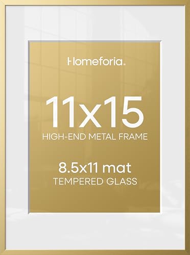 Image of Homeforia 11x15 Picture Frame Gold, High End Metal 11x15 Poster Frames with Mat for 8.5x11, 11 x 15 Gold Frames Matted to 8.5 x 11 inch Photo, 11by15 Hanging Frames, Tempered Glass, Wall Kit, Set of 1