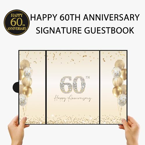 Image of DARUNAXY Black Gold 60th Anniversary Party Decorations, Happy 60th Anniversary Alternative Signature Guest Book for Parents Cheers to 60 Years Gifts 60 Anniversary Signing Card Board Party Supplies