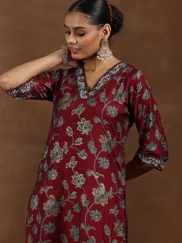 Image of Libas Womens Printed Silk Blend Straight Kurta With Trousers and Dupatta | daily wear suit