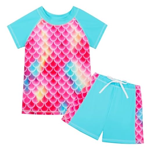 Maillot de Bain 2 Pièces UV Maillot de Bain Enfant Manches Courtes Tissu Imprimé Maillot de Bain Maillot de Bain UV Fille 9-10 ans, Queue de sirène bleue, 6-7 ans