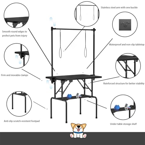 Image of 36 Inch Foldable Dog Grooming Table with Adjustable Arm, Nooses & Storage Basket - Non-Slip Pet Grooming Station for Dogs & Cats - Supports Up to 300 lbs (36 inches)