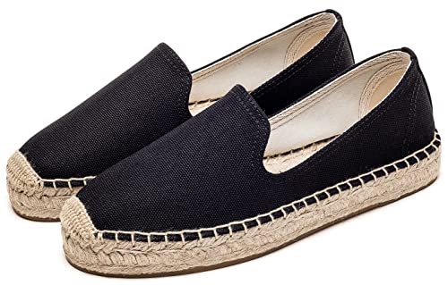 Image of Women's Classic Slip on Flat Shoes Casual Cap-Toe Platform Simple Espadrille Canvas Loafers Black Color Size 8.5