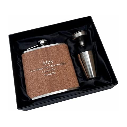 Personalised Rutherfords Gifts Wood Wrap 6oz Hip Flask - Engraved with Name and Message of Your Choosing - Wedding Birthday Fathers Day Gift Cover
