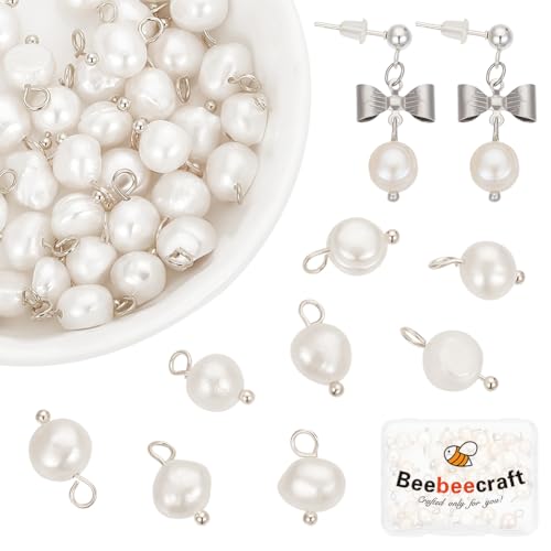 Beebeecraft 1 Box 40Pcs Pearl Oval Charms Freshwater Natural Cultured Pendants with Silver Brass Ball Head Pins for Summrt DIY Bracelet Necklace Jewellery Making (Hole: 2.3~2.6mm)