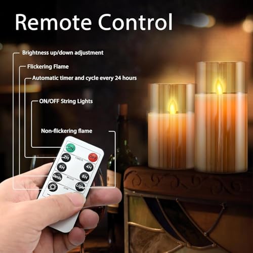 Image of JOSU Flameless Candles 4 inch 5 inch 6 inch Set of 3 Outdoor Indoor Fake Pillars Gold Glass LED Battery Operated Candles Include 10-Key Remote Timer for Wedding Party Halloween Christmas Thanksgiving Fall Diwali