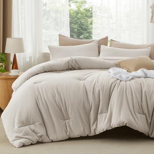 Image of Bedsure Comforter Set Full Size - Cotton Fabric with Microfiber Inner Fill, Linen Color PureWoven Soft Bed Set for All Seasons, 3 Pieces, 1 Comforter (82 inch x 86 inch) and 2 Pillow Cases (20 inch x 26 inch)