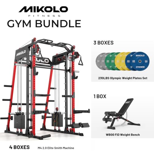 Image of Mikolo M4 2.0 Smith Machine, 2200lbs Squat Rack with LAT-Pull Down System & Cable Crossover Machine, Training Equipment with Leg Hold-Down Attachment