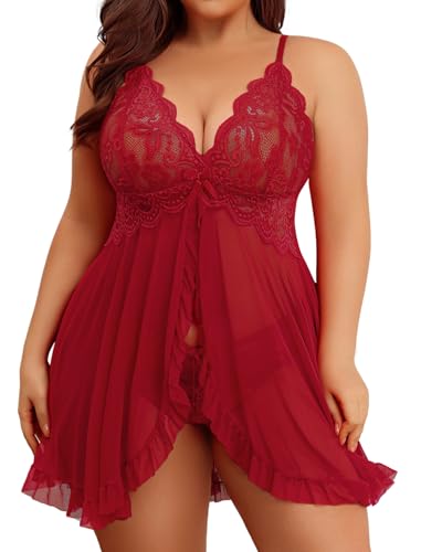 Avidlove Sexy lingerie for Women Plus Size Babydoll Lingerie Open Front Ruffle Chemise Outfit V-neck Lace Nightdress(Burgundy,XX-Large)