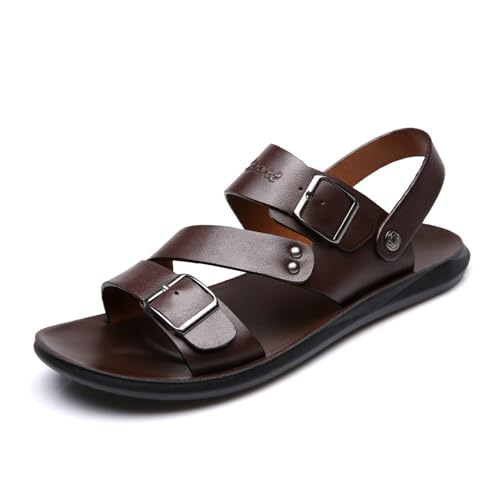 Men's Leather Slip-On Flat Beach Slides Sandals with Adjustable Dual use Ankle Straps Slip-On Fisherman Sandals Lightweight Non Slip Open Toe Casual Sandals