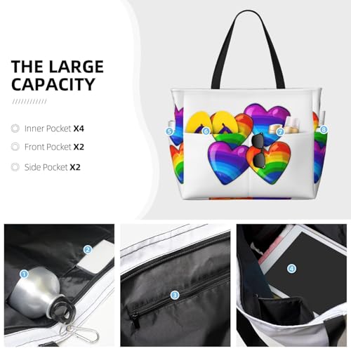 Rainbow Colored Gay Pride Hearts Beach Bags For Women Large Waterproof Sandproof Beach Tote Bag Pool Bag Lightweight Zipper Carry On Bags For Gym Travel Vocation3