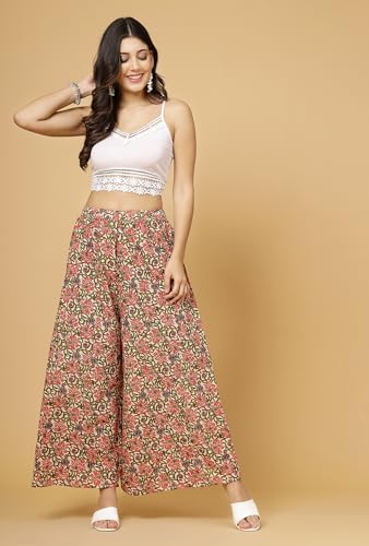 Image of Pistaa's Women's Regular Fit High Rise Pure Cotton Big Flair Printed Regular Palazzo