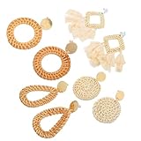 MAGICLULU 4 Pares Conjunto Pendientes Geométricos de Ratán Hechos Mano Colgantes Ligeros y Duraderos Diseño Delicado y Versátil para Mujer