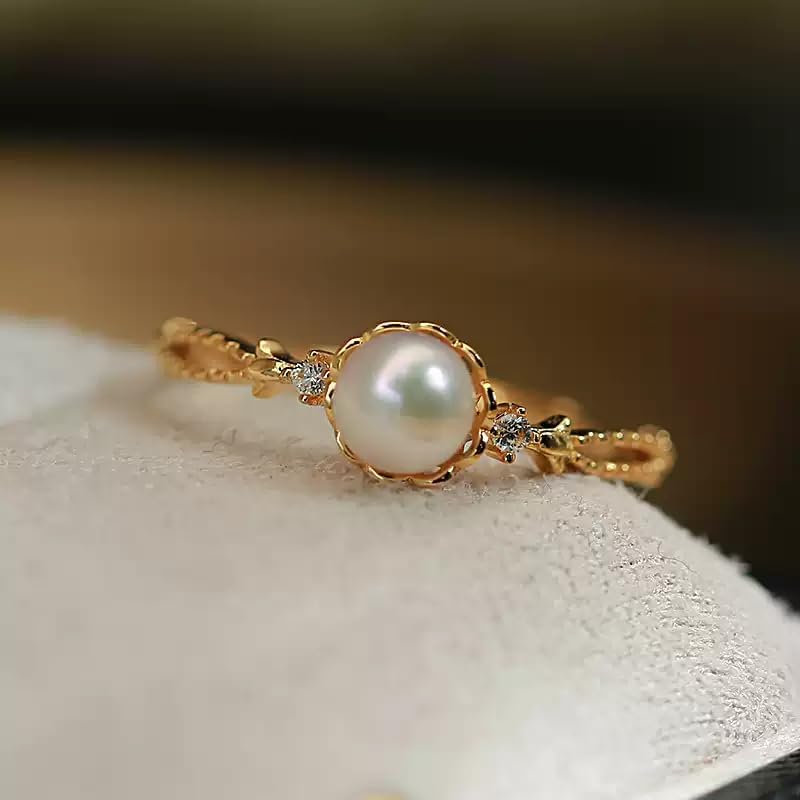 14K Gold Plated Pearl Rings for Women, Dainty Elegant Gold Rings, Pearl Rings for Women's Christmas Gifts, Engagement Rings Size 5-10 - Image 7