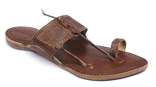 Image of KORAKARI Mens Handmade Kolhapuri Chappal Smooth and Comfortable, Stylish Durable Anti Slip Design Flip Flops Slippers Genuine Leather Traditional Indian Footwear.