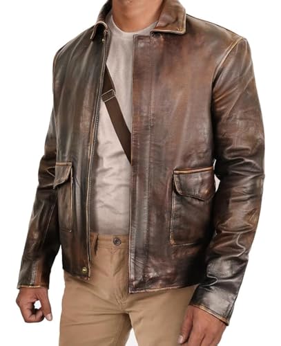 Mens Distressed Brown Leather Bomber Jacket - Vintage Classic Genuine Leather Coat for Men