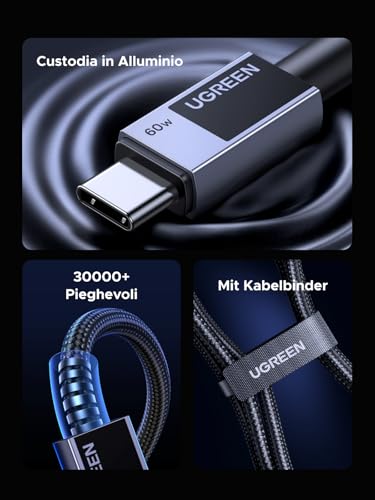 UGREEN Cavo USB C 60W, Cable Type C Ricarica Rapida PD3.0 Compatible con iPhone 16/15 Plus Pro Max, iPad Air, Galaxy S24/S23, Pixel 9/8/7, PS5, Drone, ecc 0,5M - Immagine 3